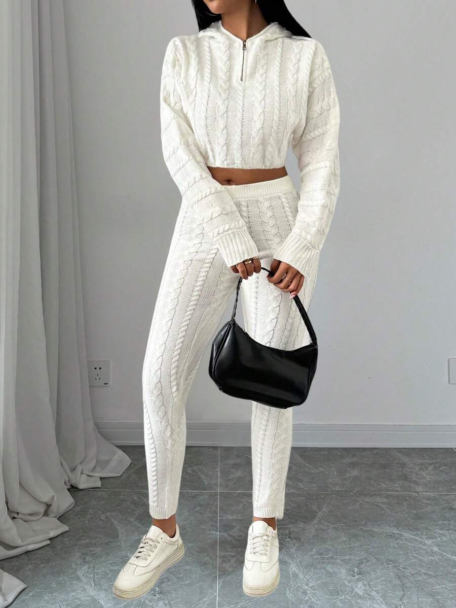 Chiquease 2pcs/Set Solid Color Cropped Hoodie & Pants Set For Women, Fall/Winter