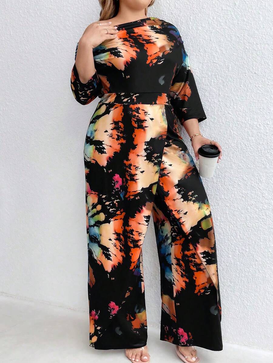 SHEIN LUNE Plus Size Women Color Block Cold Shoulder Jumpsuit