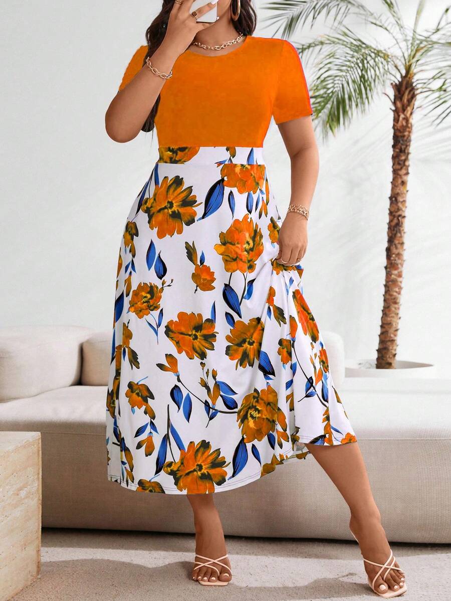 SHEIN Clasi Vestido informal de manga corta con estampado de flores patchwork para mujer de talla grande