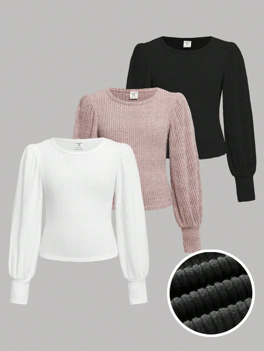 SHEIN Girlism Tween Girls' Casual Ribbed Crew Neck Puff Sleeve Long Sleeve T-Shirt Multi-Piece Set