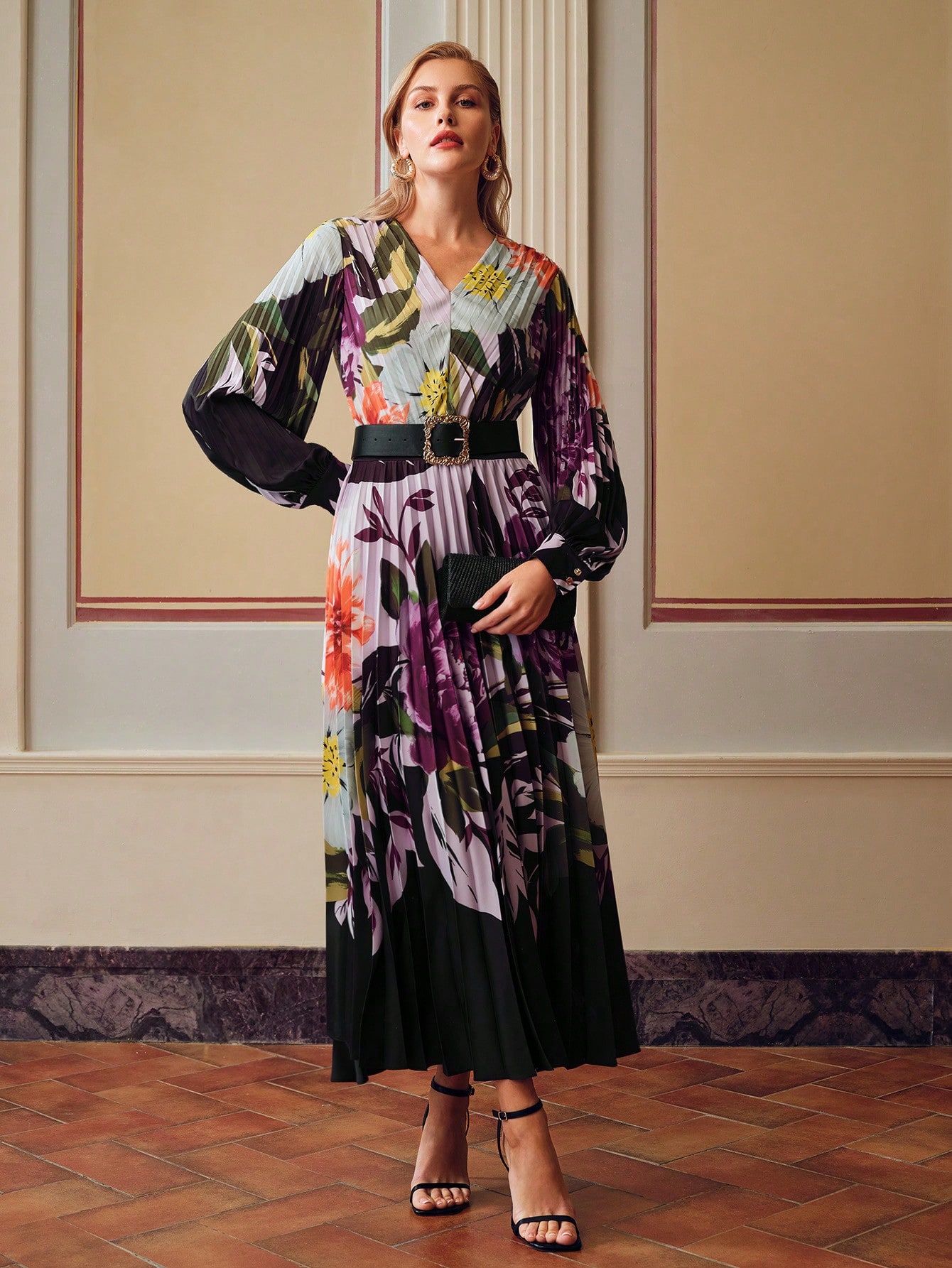 ZEYLAH FLORAL PRINT V-NECK LANTERN SLEEVE PLEATED LONG DRESS
