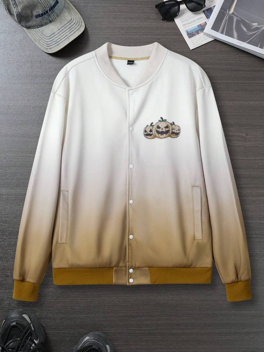 Manfinity Homme Chaqueta casual de manga larga con cuello redondo, estampado de calabaza y degradado para hombre