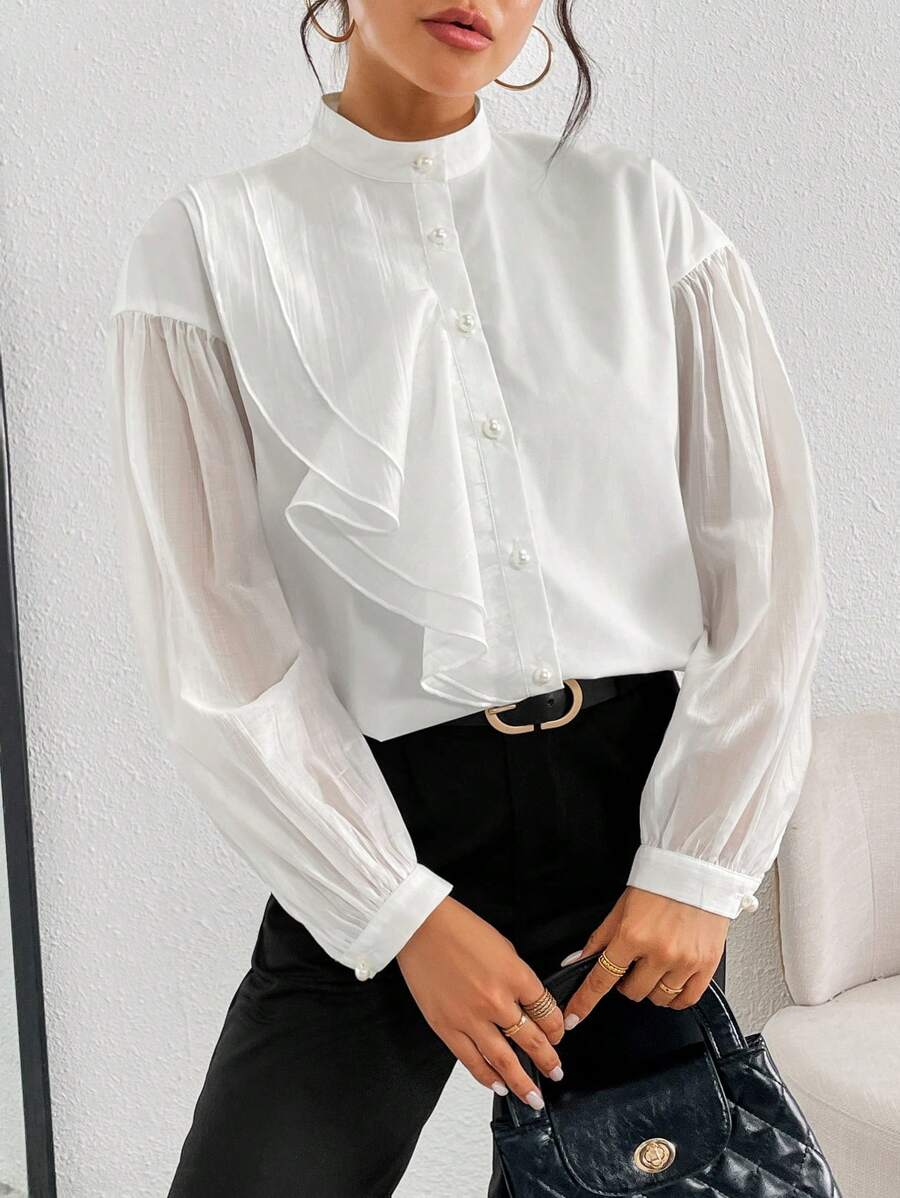 SHEIN EZwear Blusa holgada de unicolor con manga abullonada informal para mujer