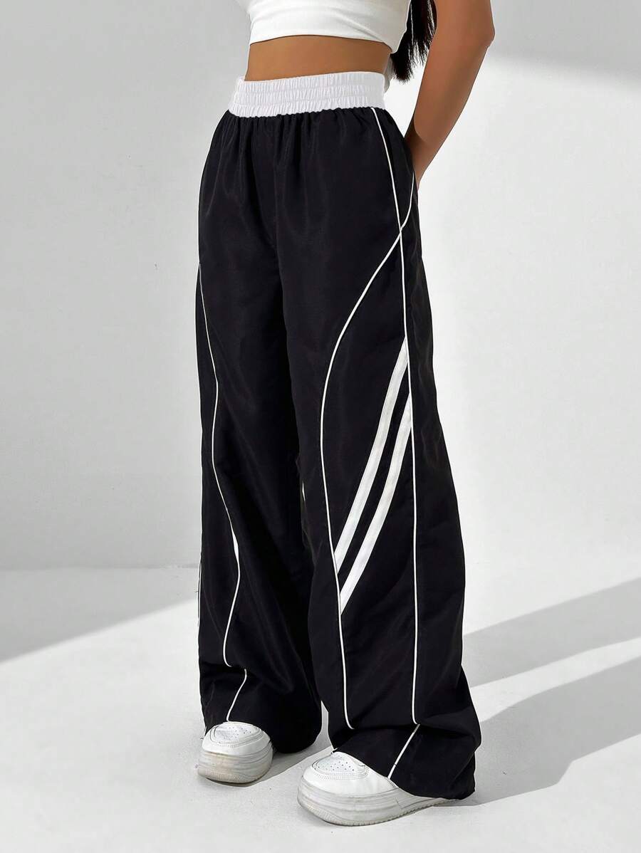 StreetHx Women's Casual Elastic Waist Contrast Piping Loose Wide Leg Pants
