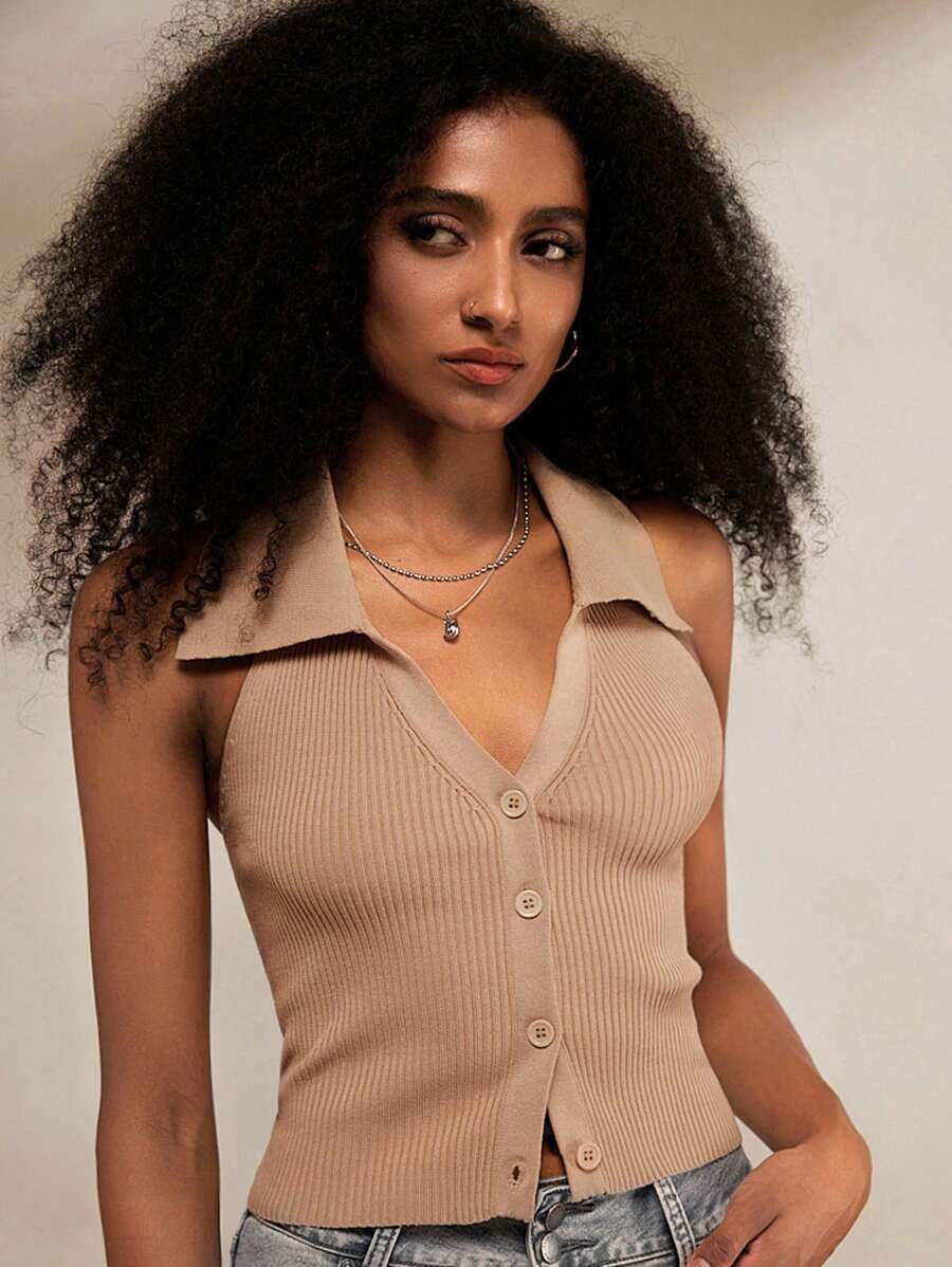 Forever 21 Casual top met haltergebreide mouwen en knoopsluiting voor dames, zomer