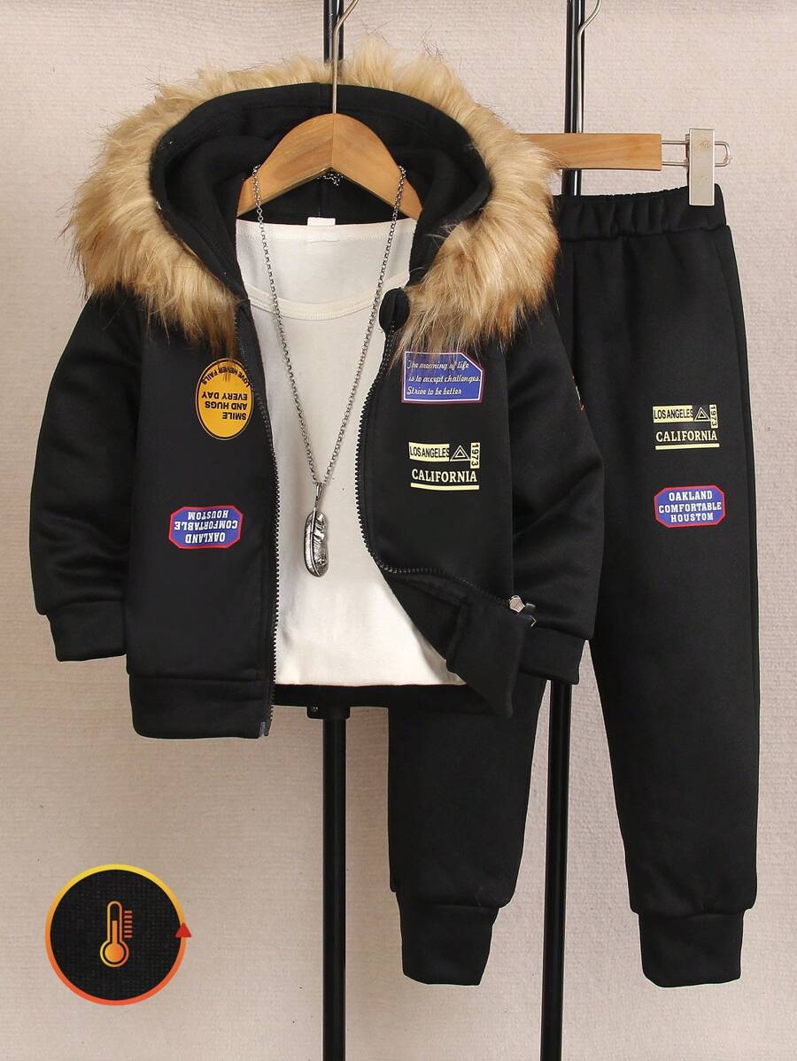 SHEIN Conjunto casual de 2 piezas: Chaqueta con capucha acolchada esponjosa y pantalones de cintura elástica para niño pequeño