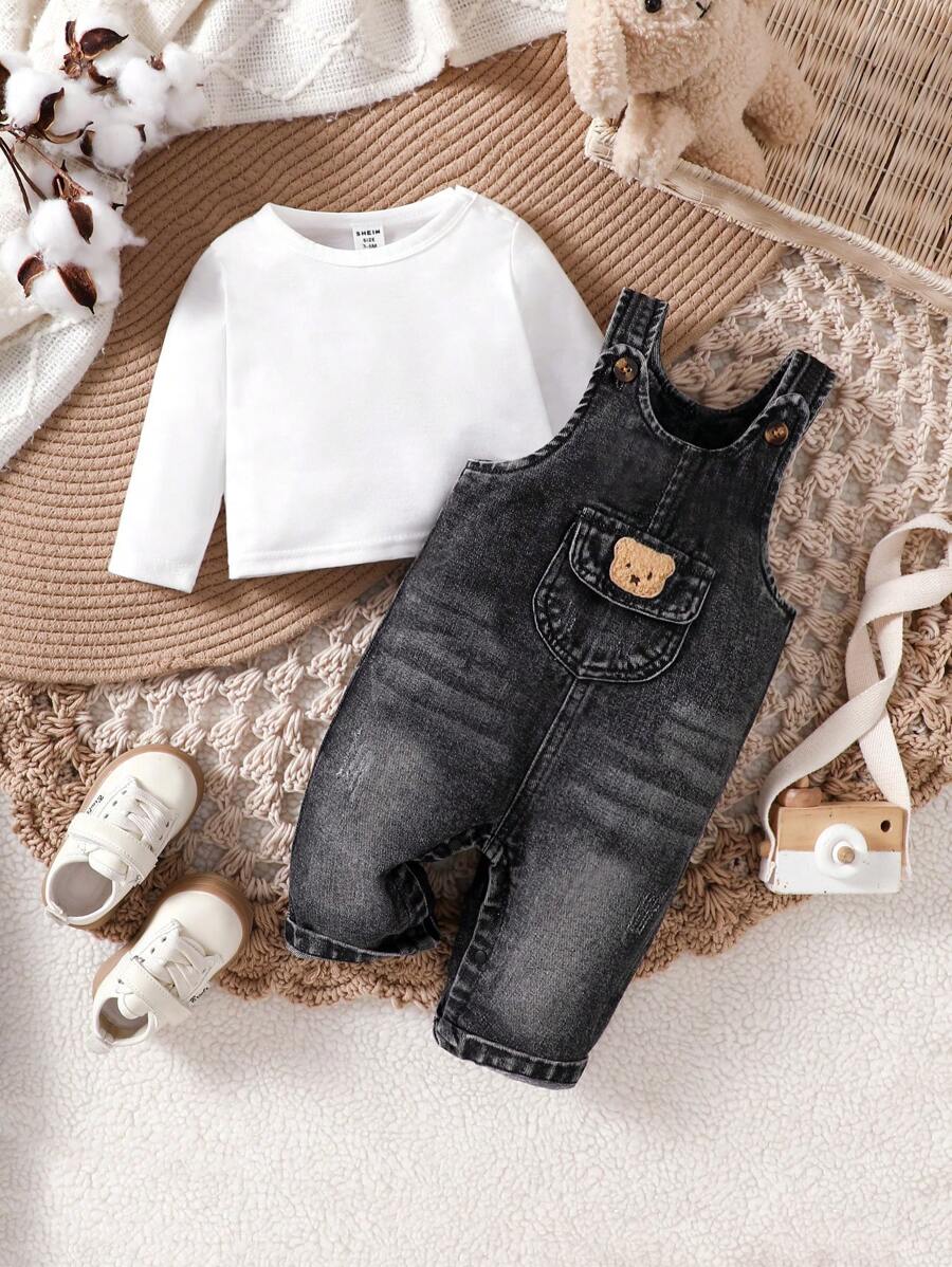 SHEIN Conjunto de bebé recién nacido de manga larga informal sólido y pelele vaquero con decoración de oso, otoño