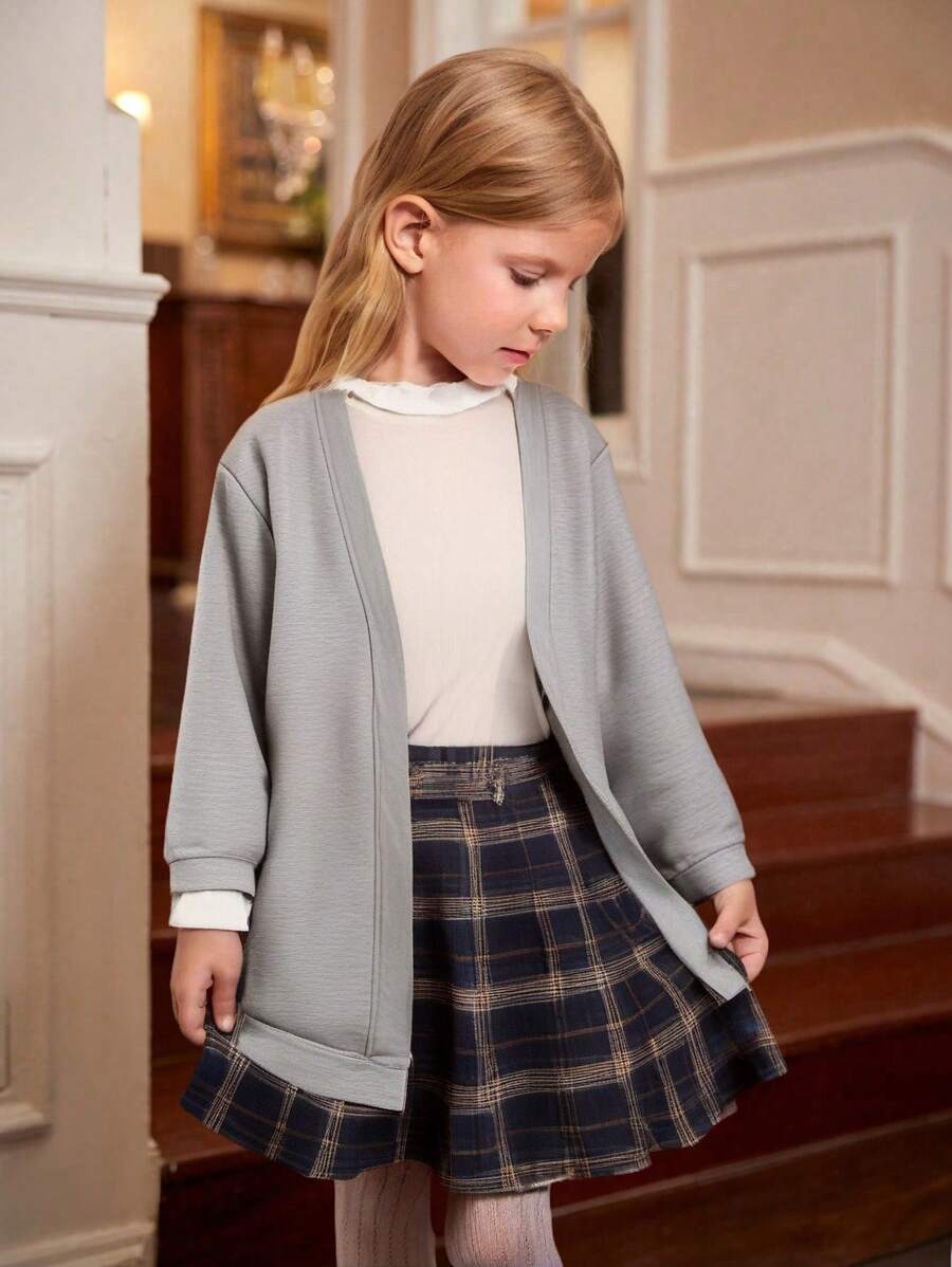Girls Casual Long Sleeve Solid Knitted Cardigan Sweater Outerwear, Comfortable And Soft Fabric, Suitable For Daily Wear And School, Fashionable Style
