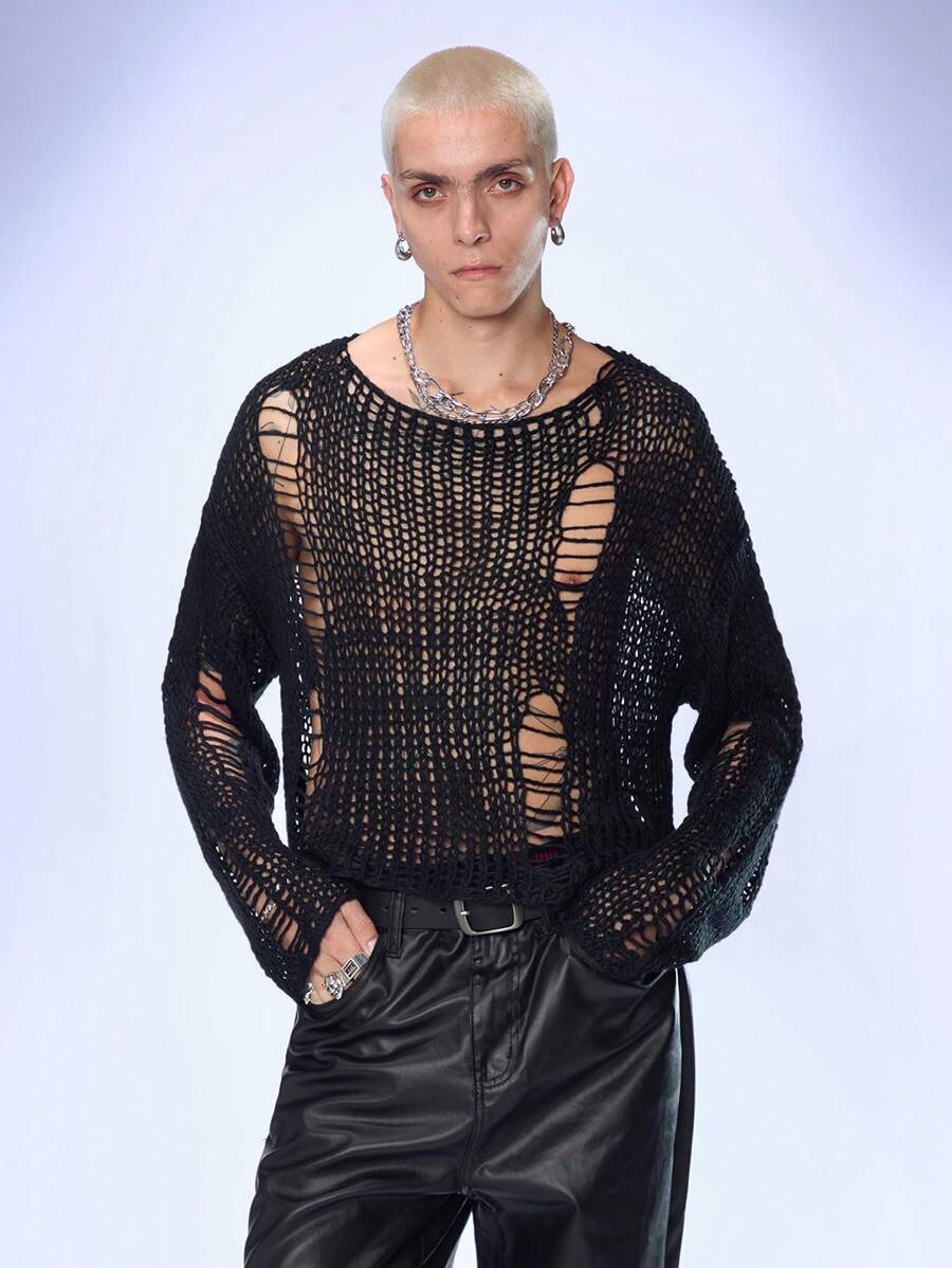 FeverCity Jersey de cuello redondo trenzado de manga larga, de punto, desgastado, liso y semitransparente para hombre, adecuado para otoño, salir y hacer juego en pareja