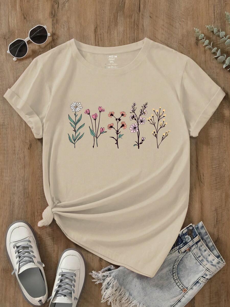 INAWLY Plus Size Floral Print Casual Crew Neck Short Sleeve T-Shirt Graphic Tees Women Tops, For Summer