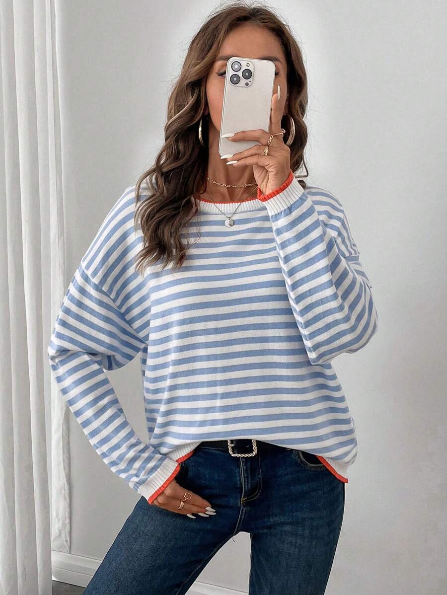 EMERY ROSE LUNE Striped Pattern Contrast Trim Drop Shoulder Sweater,Long Sleeve Tops