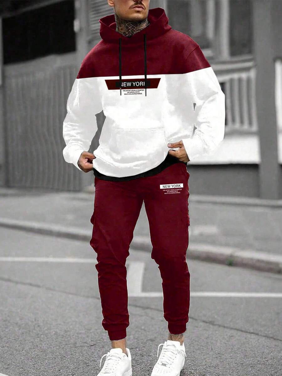 Manfinity Homme 2pcs Men's Casual Slogan Print Contrast Color Drawstring Hoodie And Sweatpants Set