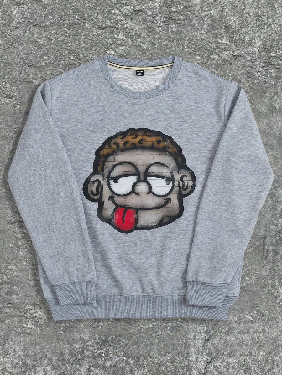 Manfinity Hypemode Men's Cartoon Print Crew Neck Long Sleeve Pullover Sweatshirt