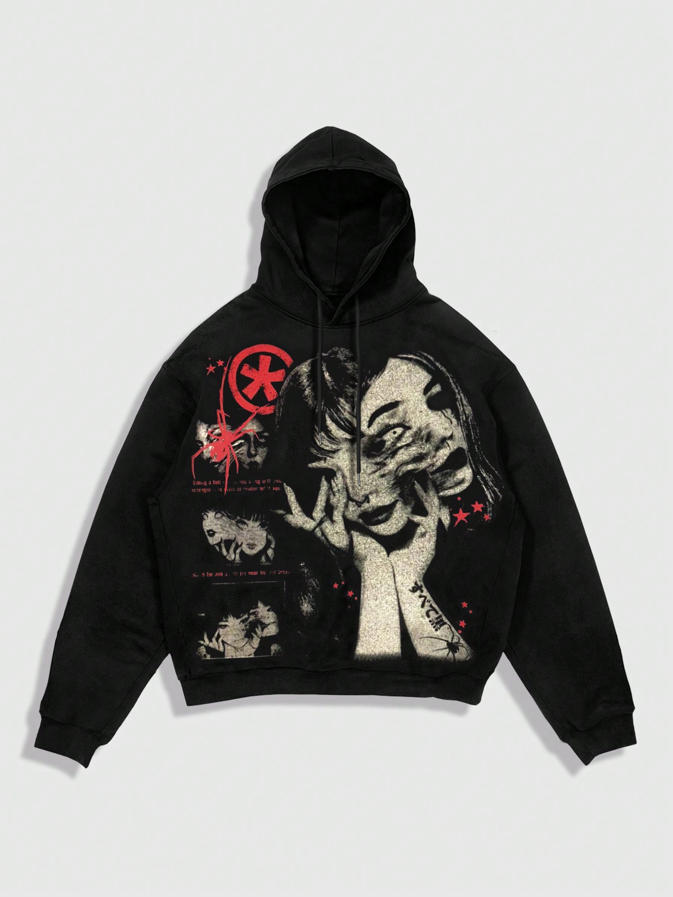 ROMWE MEN Anime Felpa con cappuccio e laccetti da uomo con stampa di lettere e grafiche, maniche lunghe, autunnale