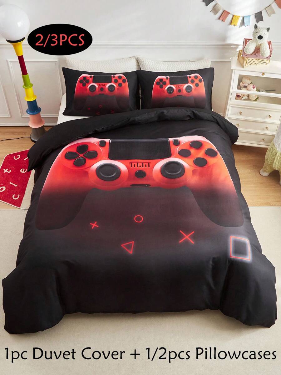 2/3 piÚces Parure de couette en polyester imprimé de manette de jeu, parure de lit minimaliste et personnalisée convenant pour toutes les saisons (1/2 taie d'oreiller + 1 couette)