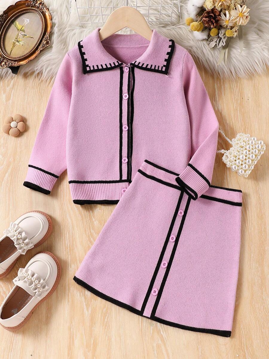 SHEIN 2 peças de roupa de outono para meninas, conjunto de suéter e saia cardigan contrastante vermelho rosa, terno de malha estiloso e fofo para meninas