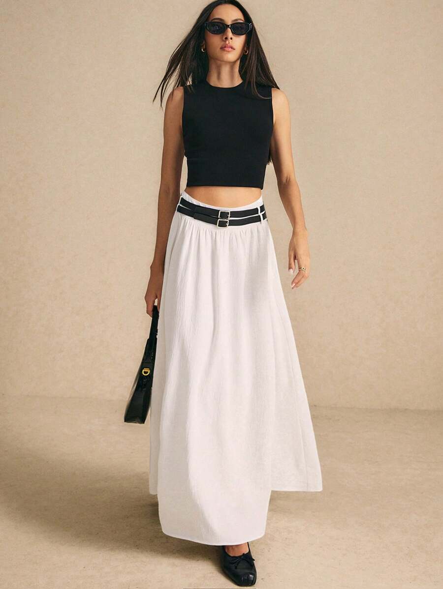 Poéselle Women's White Long Skirt With Belts Solid Color Pleated A-Line Skirt, Casual Daily Wear