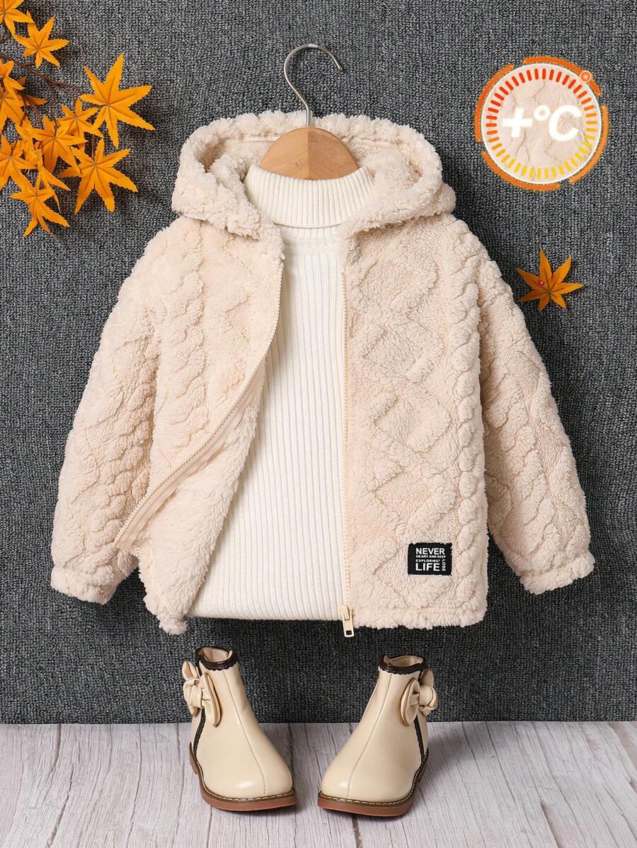 SHEIN Young Girl Fall/Winter Clothes Young Girl Knitted Solid Color Fluffy Letter Embroidery Hooded Loose Flannelette Warm Casual Jacket,Autumn/Winter,Great For Casual & Daily Wear & School .