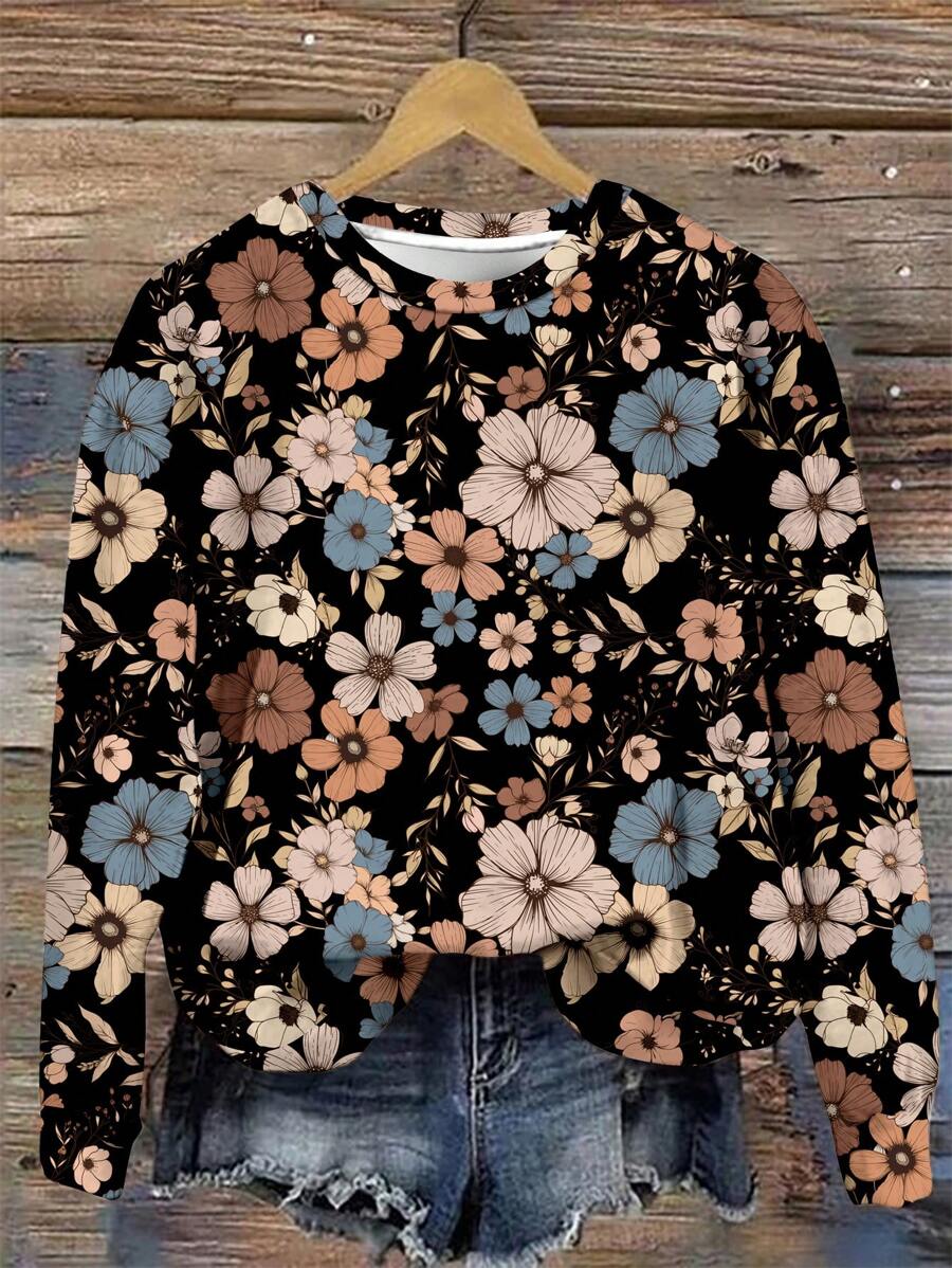 SHEIN LUNE Casual Oversized Black Floral Print Crew Neck Long Sleeve Sweatshirt For Women, Suitable For Autumn