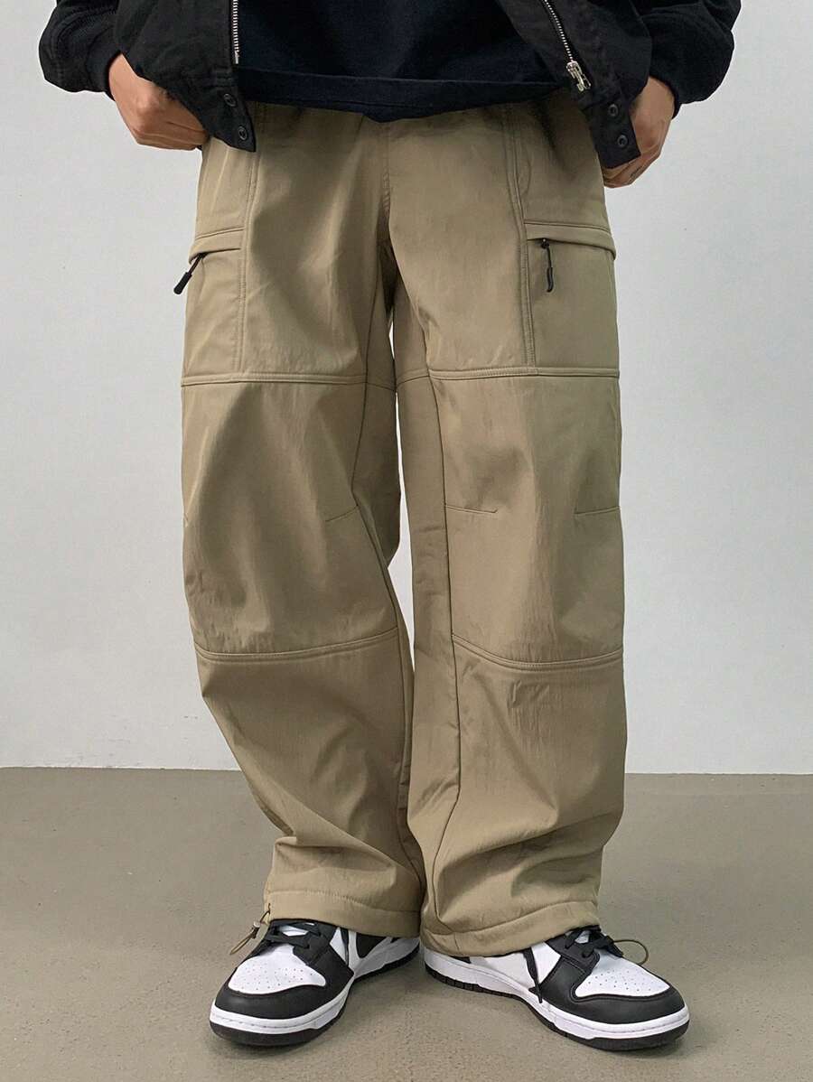 DAZY Pantalones rectos casuales sueltos con diseño de cremallera de unicolor para hombre, otoño