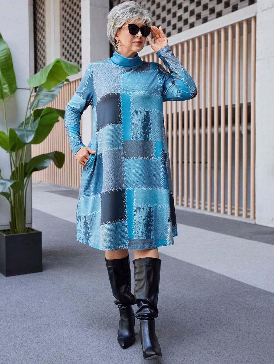 EMERY ROSE Plus Size Fashion Granny Fall Clothes Curve Thanksgiving Women Outfit Women Autumn High Collar Long Sleeve Patchwork Printed Pocket Casual Dress