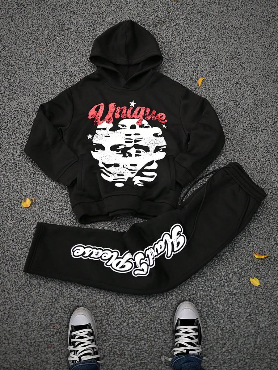 Manfinity Streetrush Men's Letter Print Simple Hooded Sweatshirt And Pants Casual Outfit