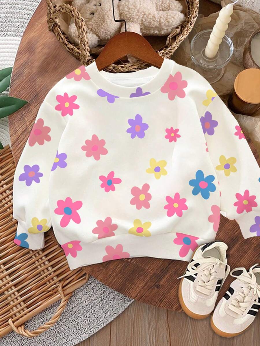 SHEIN Cute & Sweet Cartoon Floral Print Loose Fit Crew Neck Casual Comfortable Knit Long Sleeve Pullover Sweatshirt, Versatile For Girls, Suitable For Autumn/Winter