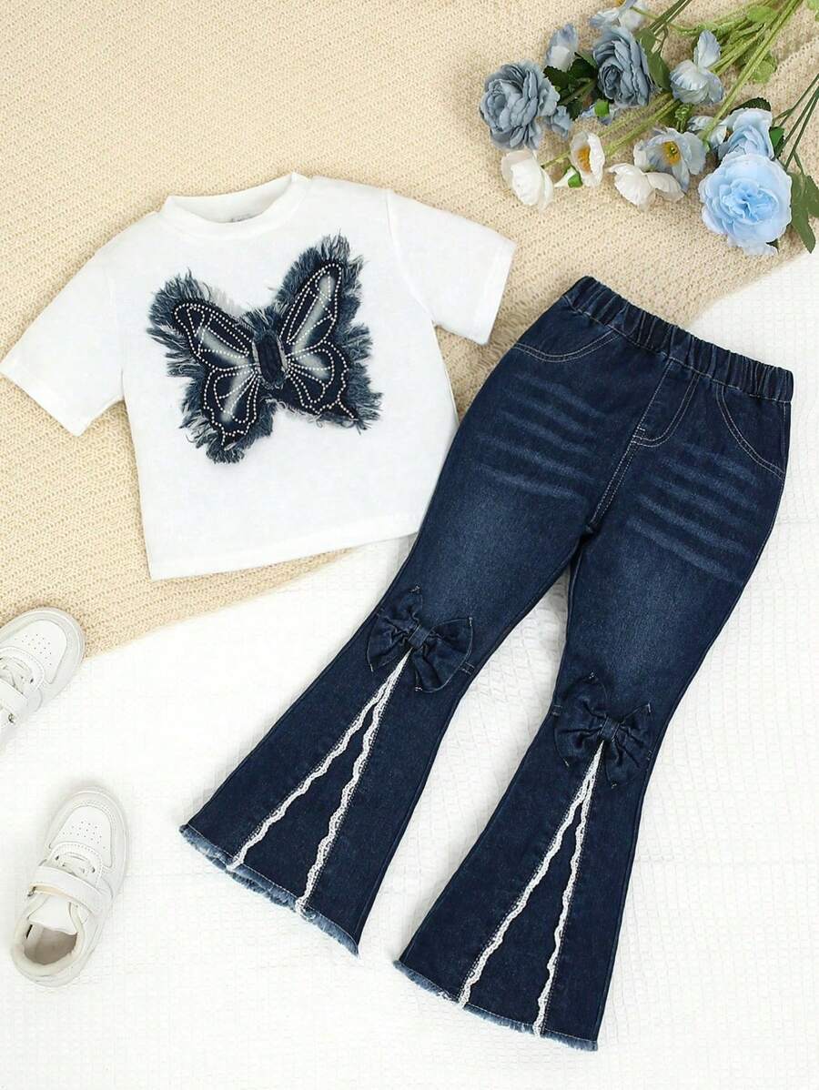 SHEIN 2pcs/Set Young Girl Butterfly Element Outfit Lace Split Flare Jeans + Butterfly Decor Short Sleeve T-Shirt