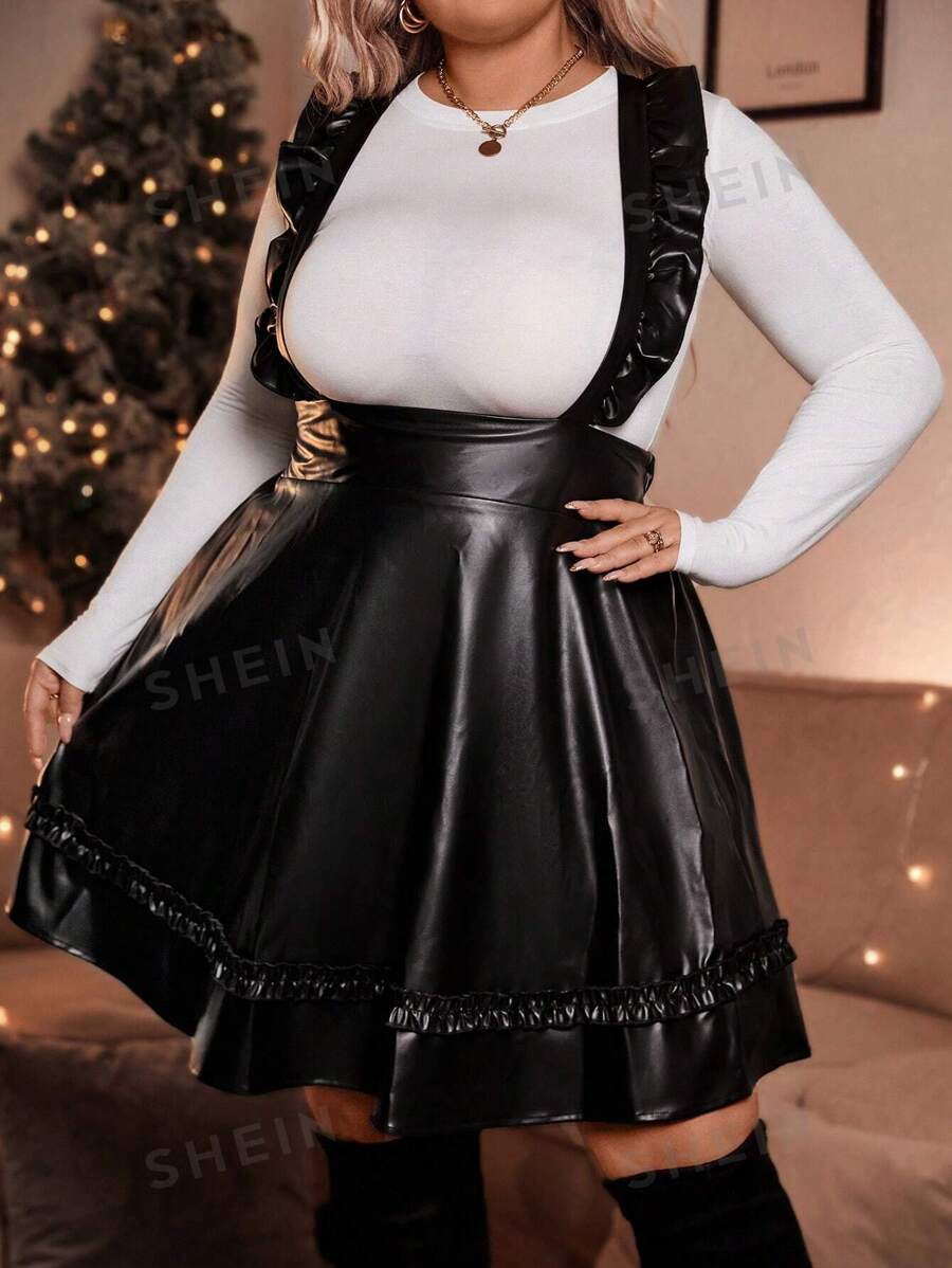 SHEIN LUNE Vestido con dobladillo de volantes de PU sin mangas talla grande