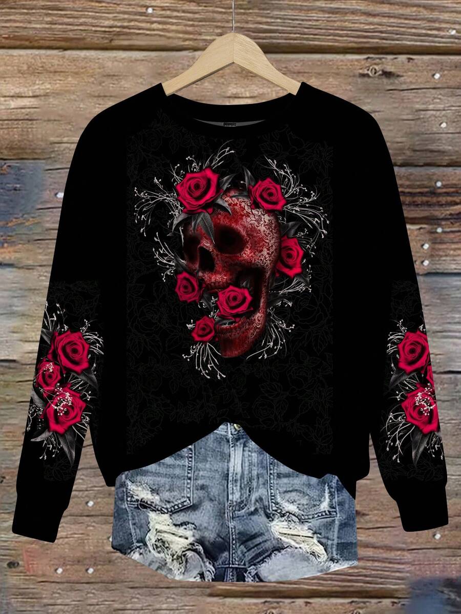 SHEIN LUNE Casual Simple Rose Skull Print Plus Size Women Sweatshirt, Suitable For Autumn And Winter