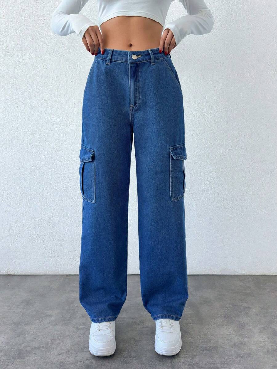 RueChic Women's Casual Streetwear Style Flap Pocket Loose Fit Denim Cargo Pants