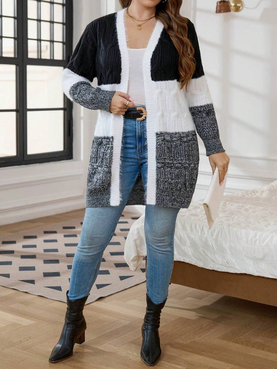 SHEIN LUNE Plus Size Colorblock Casual Long Sleeve Knit Cardigan