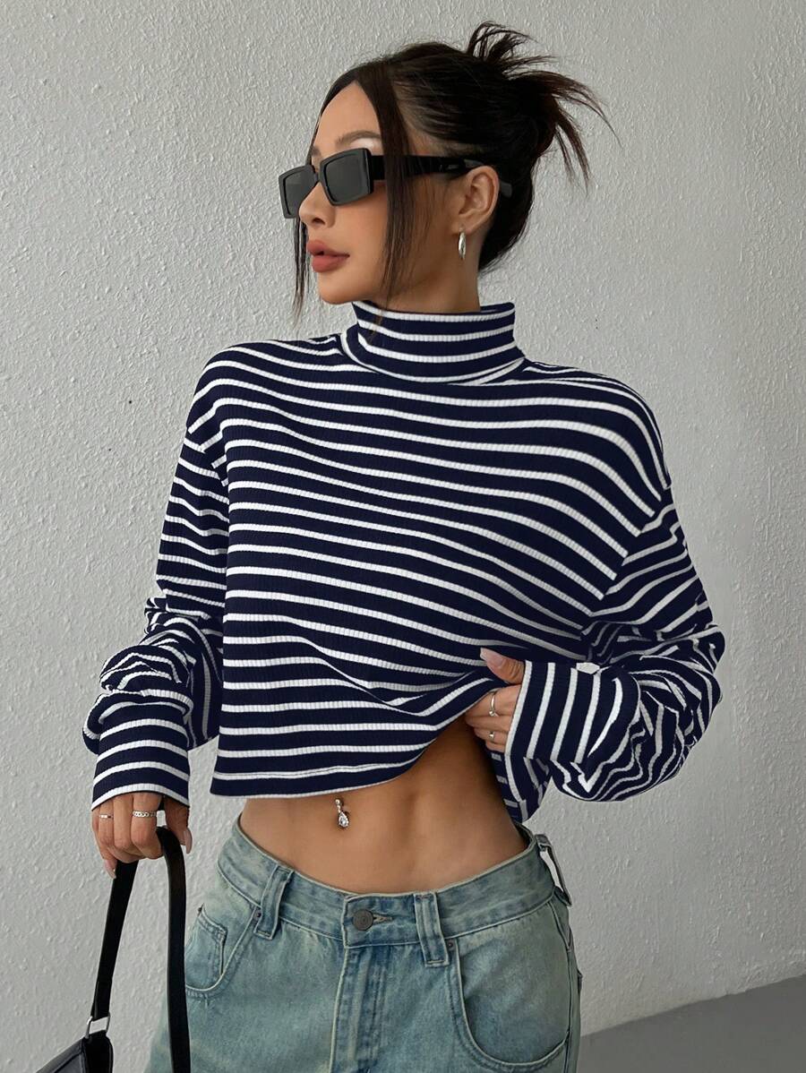 SHEIN EZwear Navy Blue & White Striped Knitted Turtleneck Top For Women