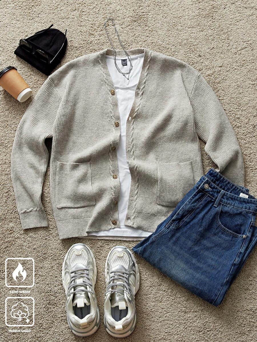 Manfinity Hypemode Cardigan casual de manga larga de un solo pecho con bolsillo de unicolor con cuello en V para hombre, otoño e invierno