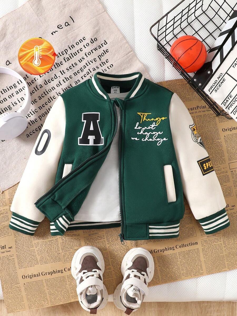 SHEIN Explorewe Young Boy's Casual Letter Print Color Block Baseball Jacket With Thermal Lined , Autumn Winter