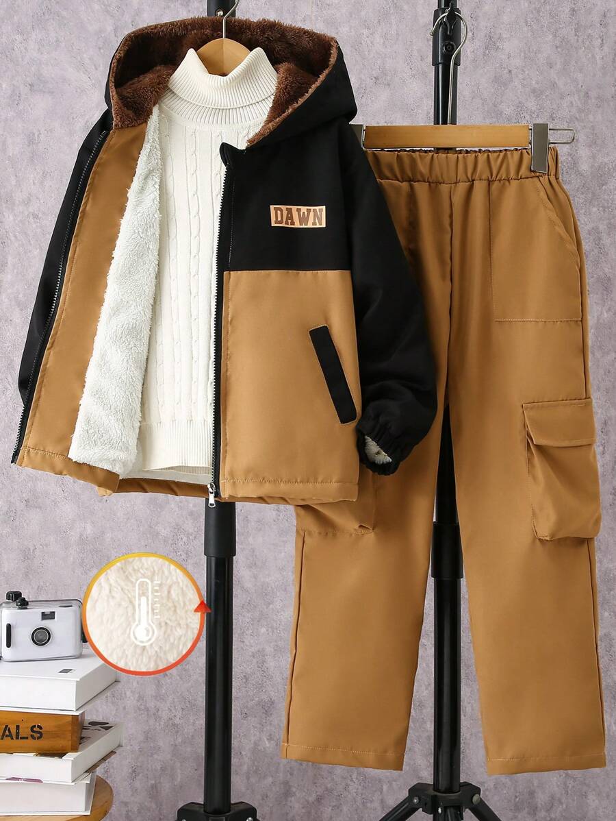 Conjunto informal de 2 piezas con chaqueta con capucha forrada térmica y estampado de letras en contraste y pantalones para niño preadolescente, para otoño/invierno