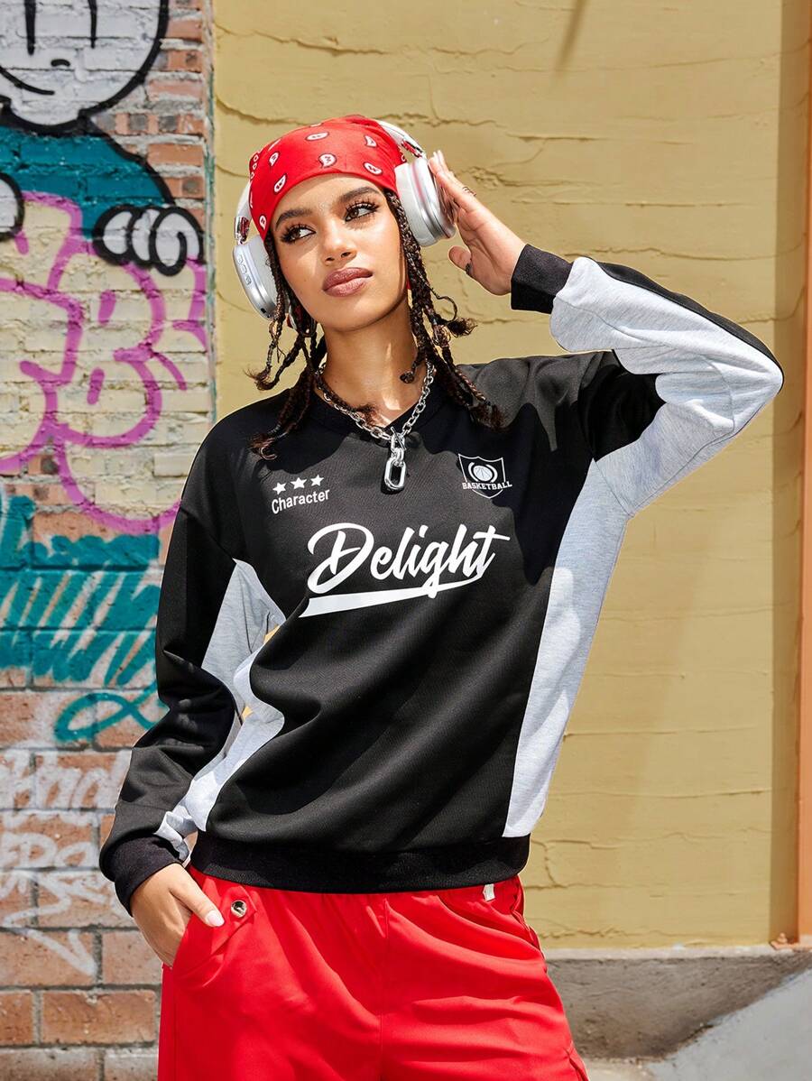 Streetz SHEIN Sport Sudadera de cuello redondo para mujer con estampado de letras de color contrastante y manga larga, Top de invierno para mujer