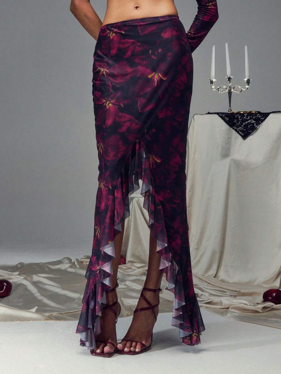TypaGal Flower Print Flounce Hem Mermaid Skirt