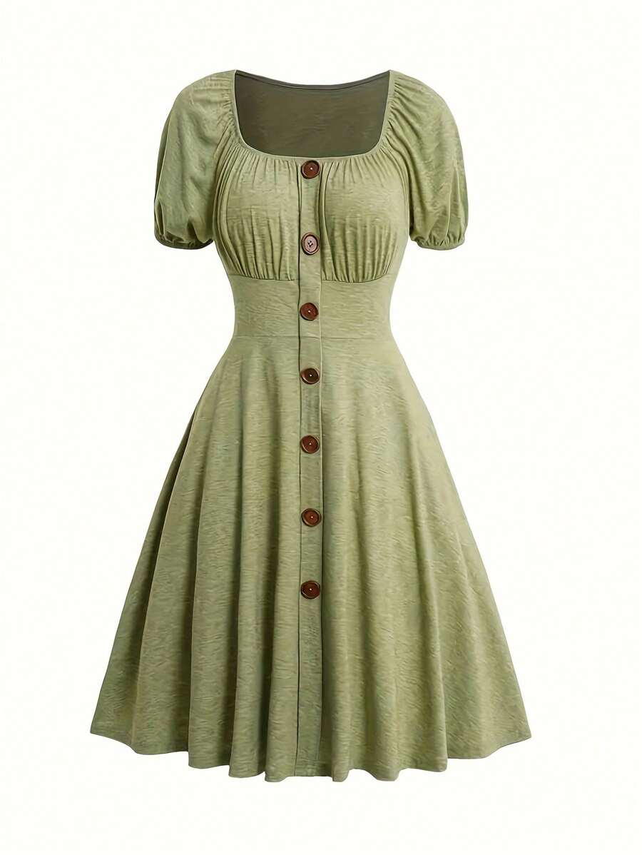 INAWLY Women's Solid Color Square Neck Puff Sleeve Pleated Flare Hem Summer Dress