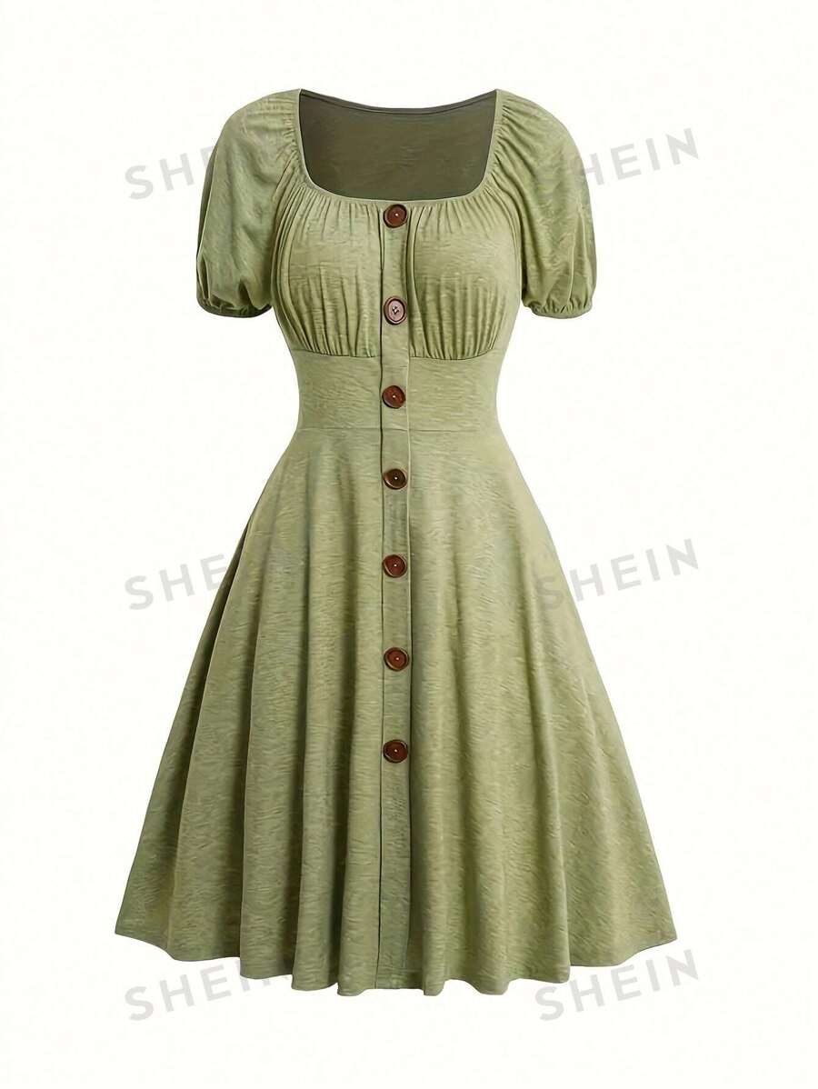 INAWLY Vestido de verano de mujer con cuello cuadrado, mangas abullonadas, plisado y vuelo en el bajo, unicolor