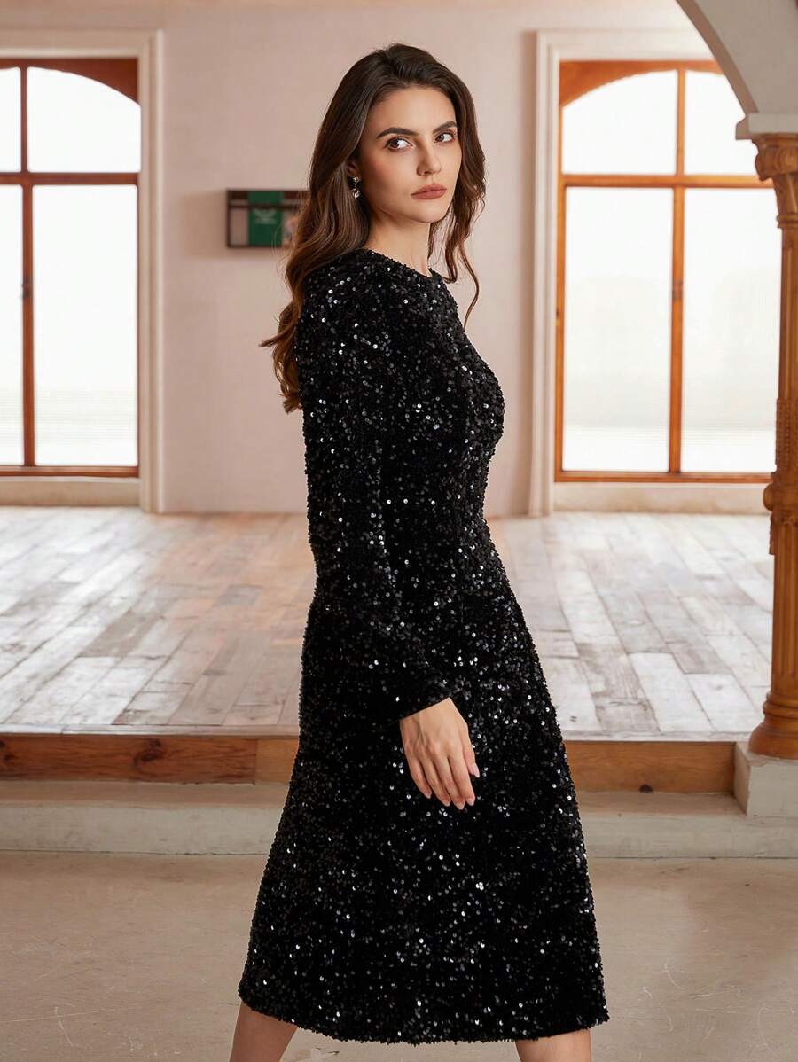 Aveloria Modichic Black Long Sleeve Velvet Sequin Midi Dress, Fashion Party Style Holiday Party Birthday Formal Occassion Dress