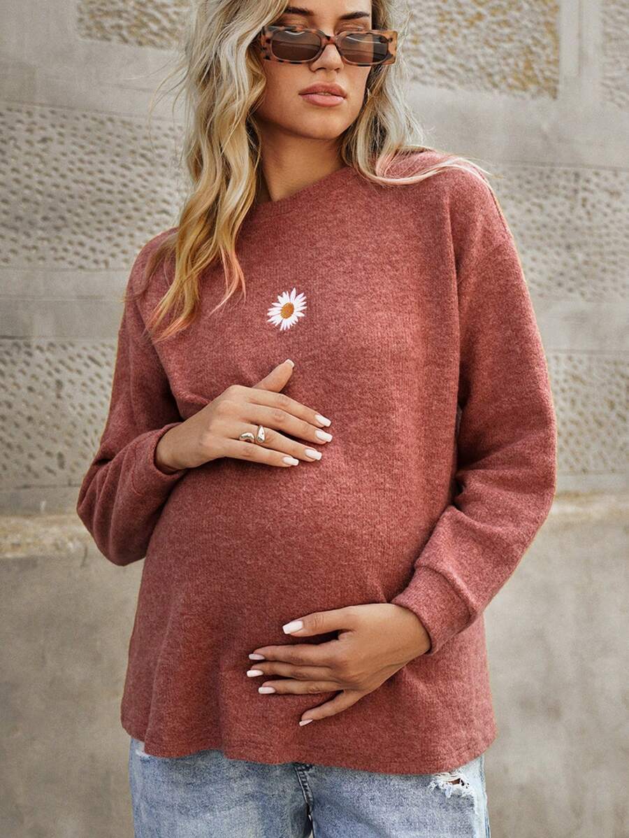 SHEIN Maternity Daisy Floral Round Neck Drop Shoulder Long Sleeve Casual T-Shirt For Spring Autumn