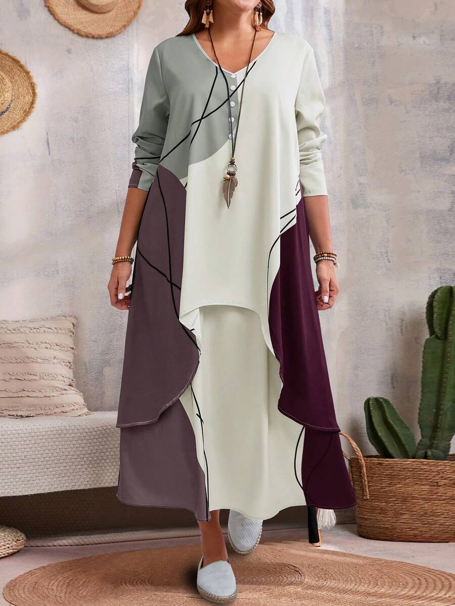 EMERY ROSE Plus Size Casual Contrast Color Block 2 In 1 Dress Fall
