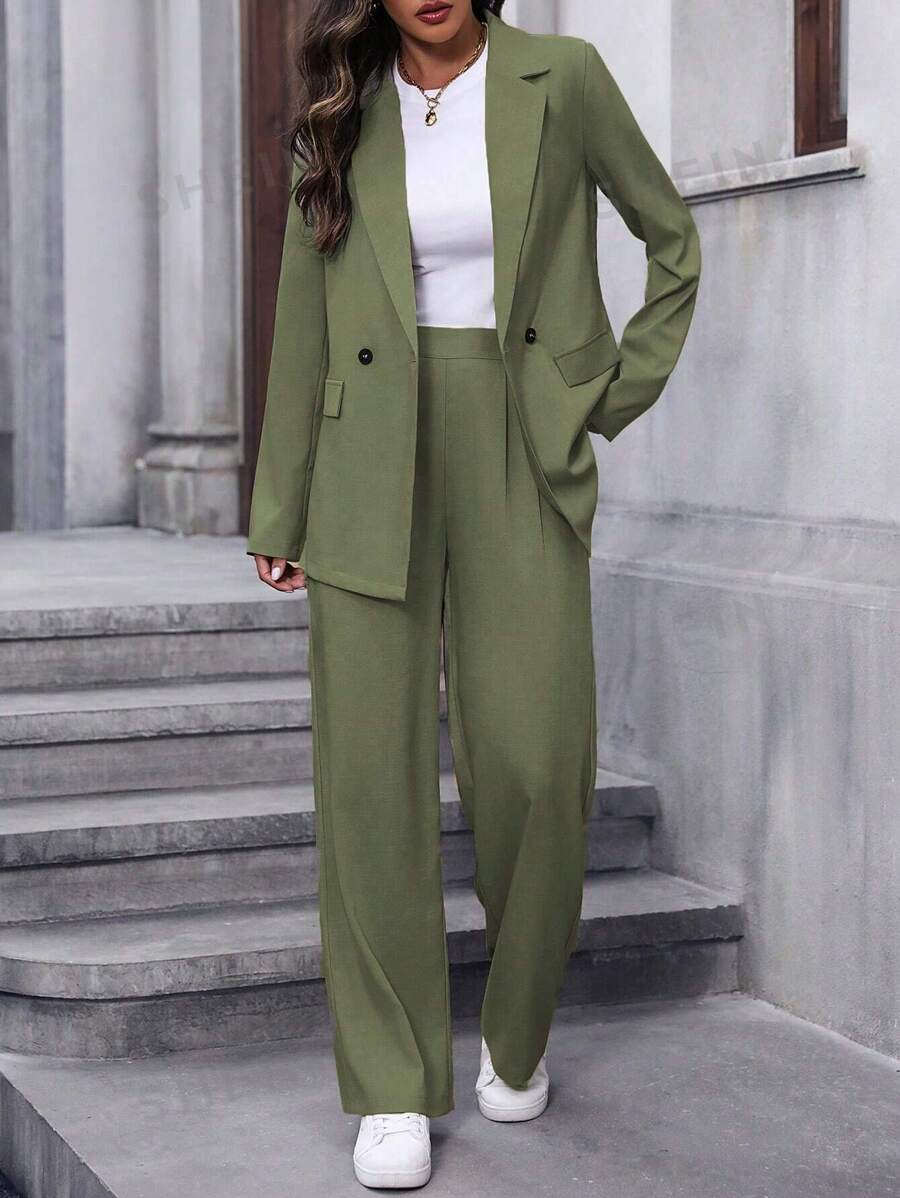RosyDaze Conjunto de traje de blazer y pantalones de unicolor de manga larga de doble botonadura para mujer