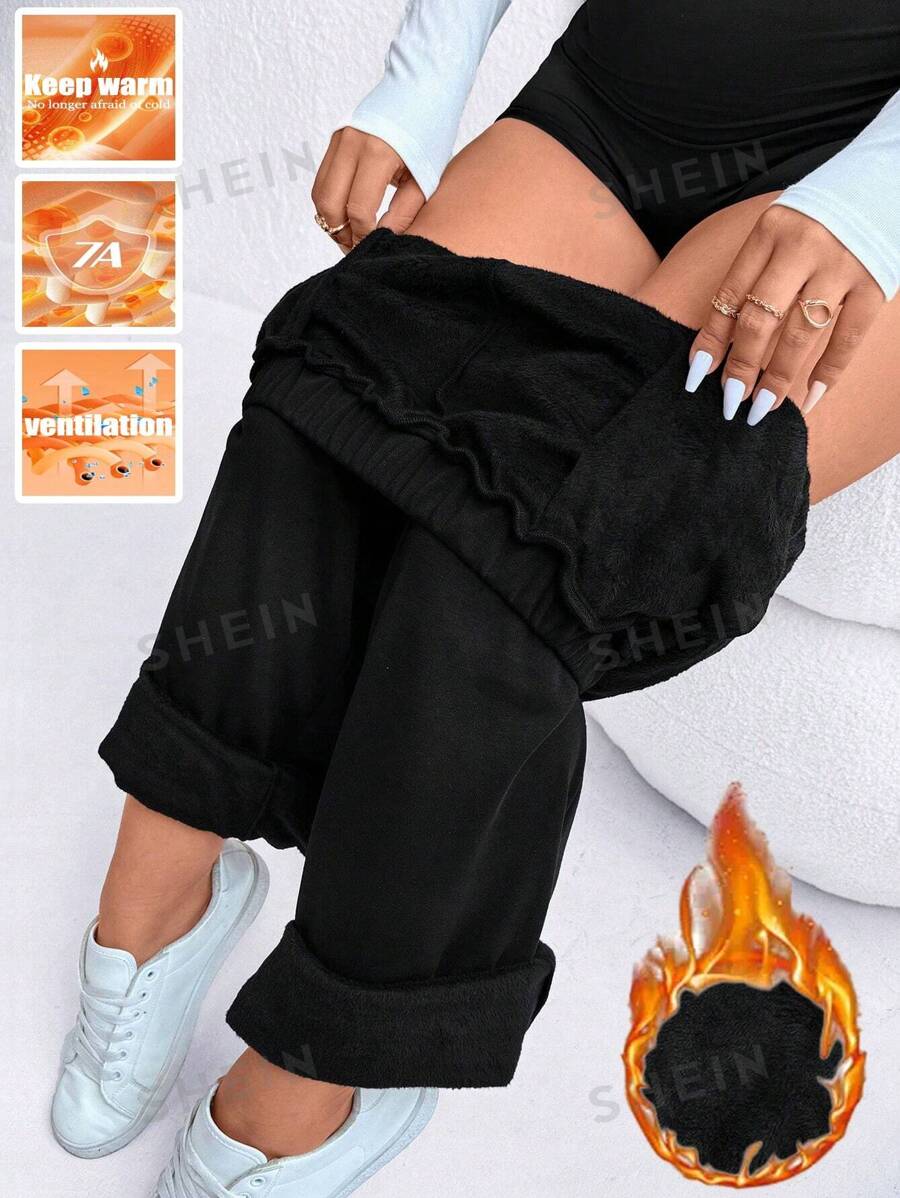 SHEIN LUNE Pantalones informales de talla grande con forro térmico grueso en color negro, para otoño/invierno