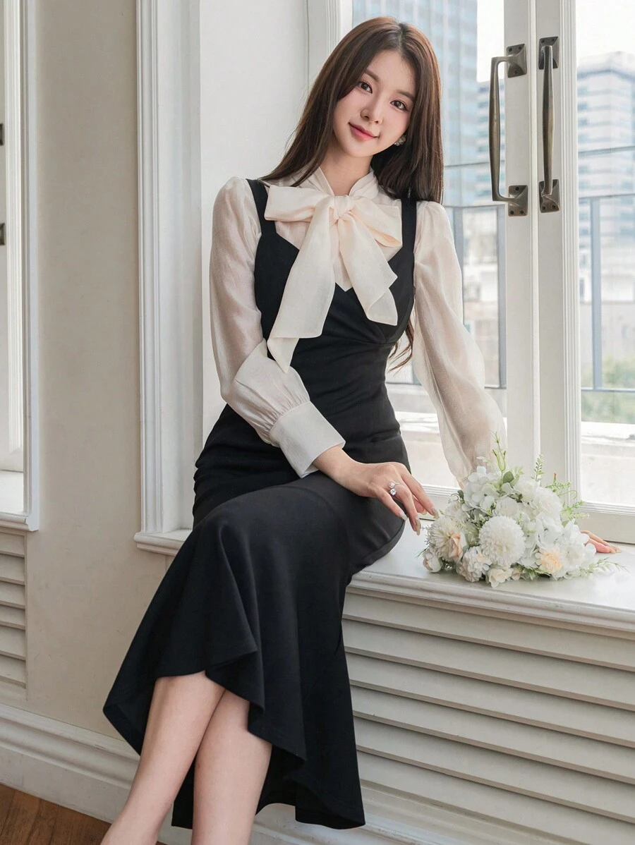 DAZY Vestido de tirantes finos de unicolor minimalista con cola de pez, apto para otoño y verano