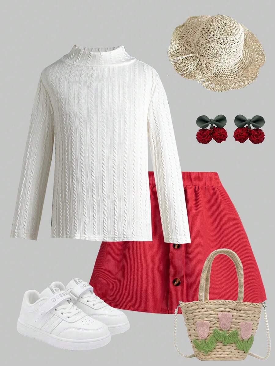 Young Girl Fashionable Casual Knit Jacquard Textured Elastic Fabric Dress With Red Bow Tie Waistband, Suitable For Outings, Travel, Vacation, School, Daily Wear, Autumn And Spring, Stylish, Fashion , Cute, Fits For Fashion-Conscious Girlish Charms, 2-Piece Set