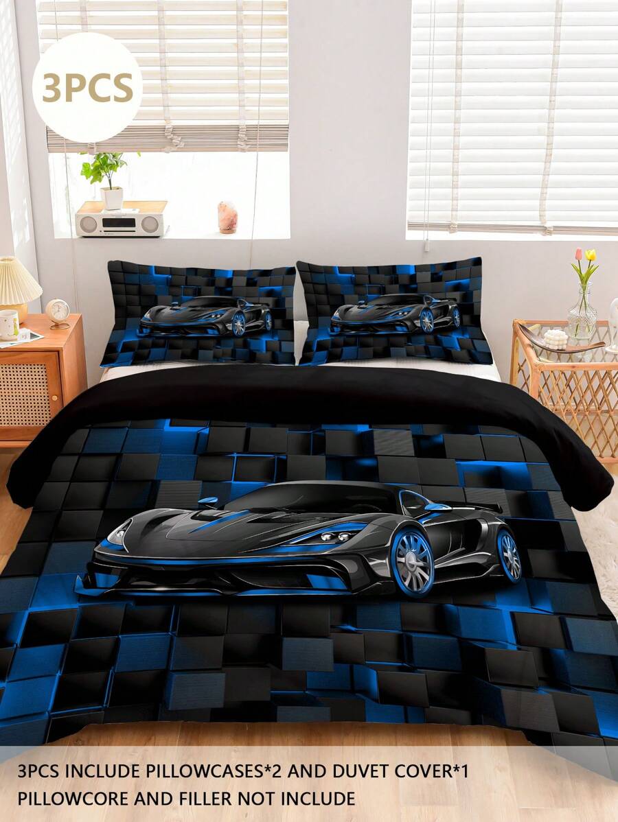 3pcs Stylish Race Car Bedding Set, Soft Bedding, 1 Duvet Cover + 2 Pillow Shams, Made Of Skin-Friendly 100% Polyester Fiber & Polyester Fabric, No Filling, Suitable For Bedroom, Dorms, Travel