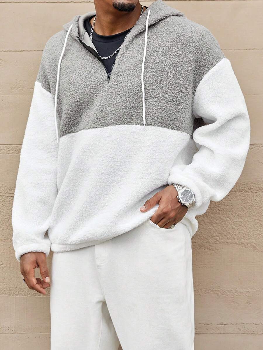 Manfinity CasualCool Plus Size Men's Contrast Color Fluffy Drop Shoulder Loose Drawstring Hooded Sweatshirt, Casual For Autumn/Winter