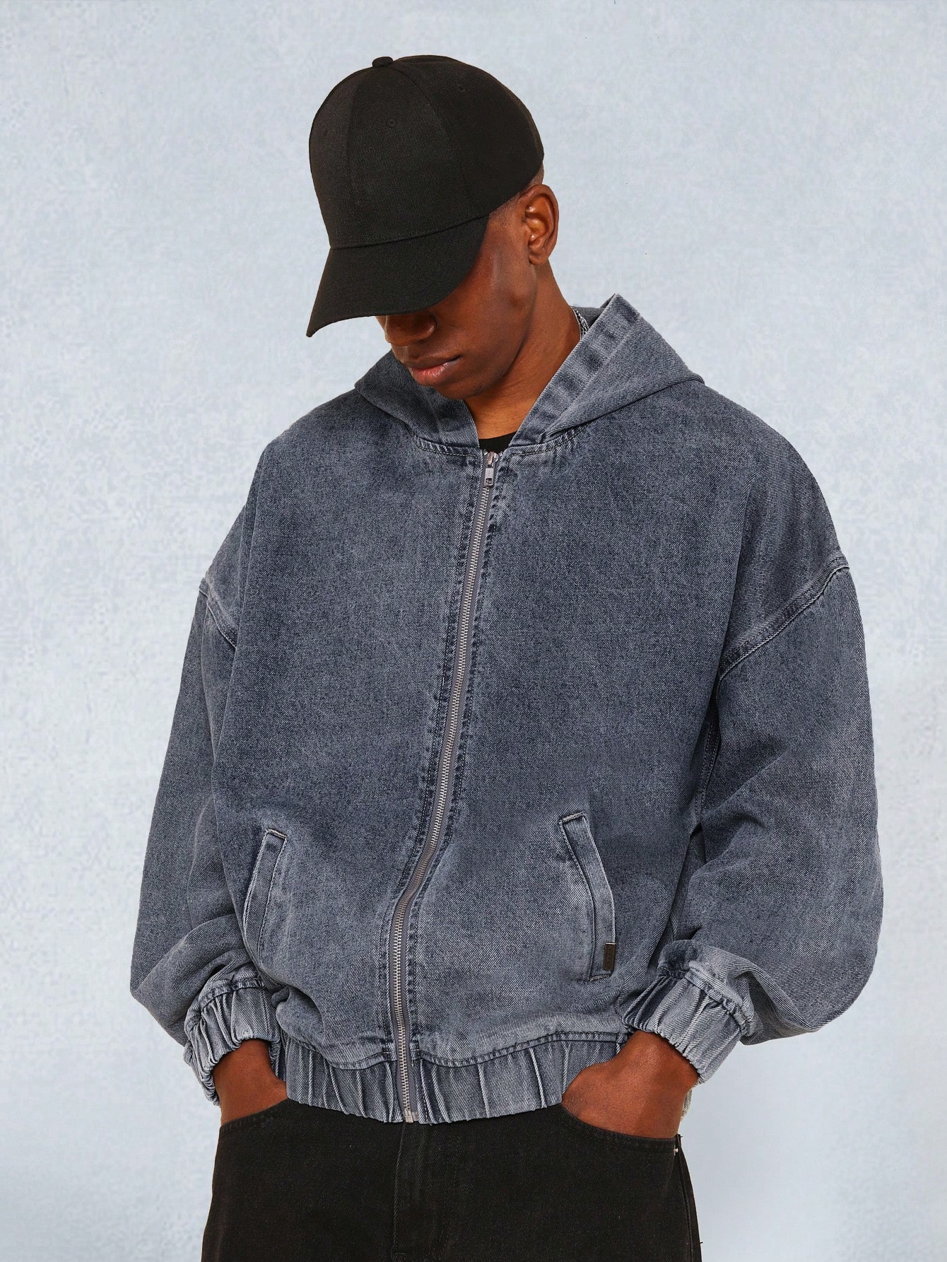 Oversized Hooded Denim Jacket Retro Style Zip Up Stone